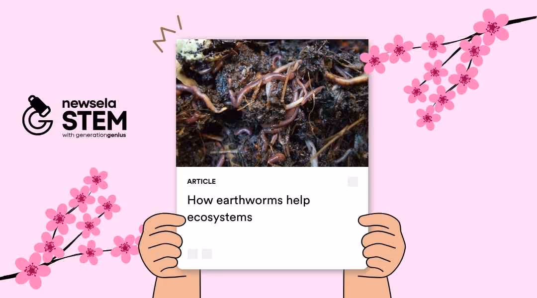 A Newsela STEM article titled "How earthworms help ecosystems" featuring a close-up photo of several earthworms in dark, moist soil.