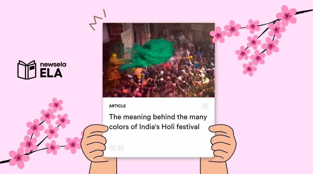 A Newsela ELA article titled "The meaning behind the many colors of India's Holi festival" featuring a vibrant photo of a crowd celebrating with green powder.