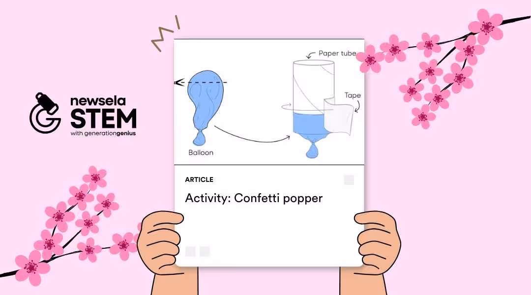 Instructional STEM activity diagram from Newsela showing how to make a DIY confetti popper using a paper tube, a cut balloon, and tape.