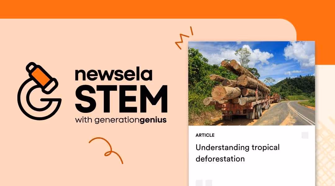 Newsela STEM article titled "Understanding tropical deforestation" showing a large truck hauling a massive load of harvested logs down a paved road through a forest landscape.