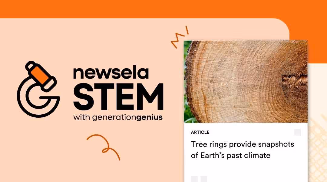 Newsela STEM article titled "Tree rings provide snapshots of Earth’s past climate" featuring a close-up cross-section of a tree stump showing concentric growth rings.