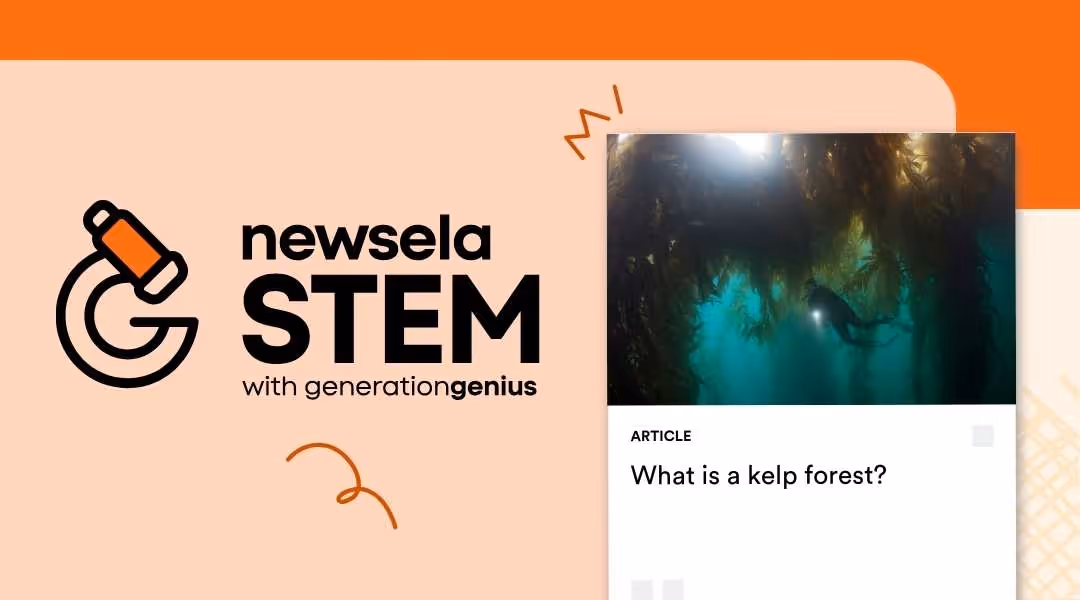 Newsela STEM article titled "What is a kelp forest?" showing a scuba diver swimming through a towering underwater forest of golden-brown kelp with sunlight filtering through the water.