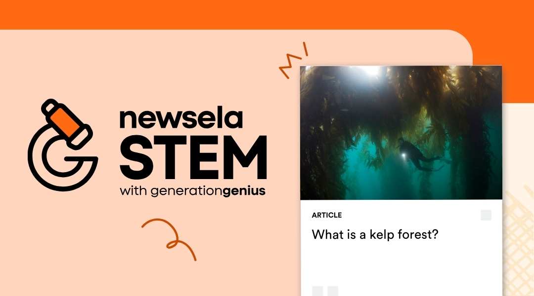 Newsela STEM article titled "What is a kelp forest?" showing a scuba diver swimming through a towering underwater forest of golden-brown kelp with sunlight filtering through the water.