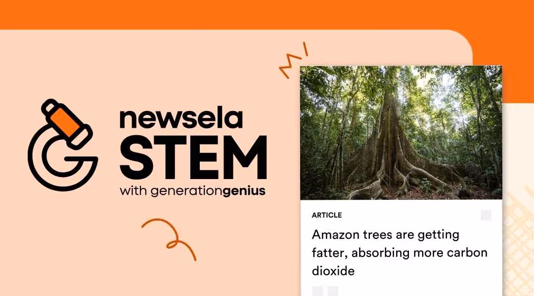 Newsela STEM article titled "Amazon trees are getting fatter, absorbing more carbon dioxide" with a photo of a large tropical tree featuring wide, spreading buttress roots in a dense jungle.