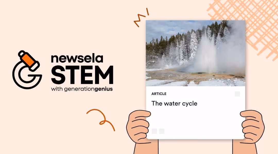 Newsela STEM article titled "The water cycle" featuring a photo of a geyser erupting steam in a snowy, wooded landscape.
