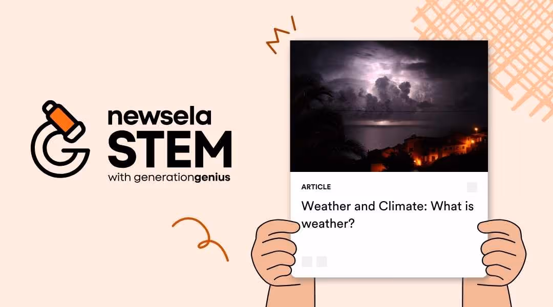 Newsela STEM article titled "Weather and Climate: What is weather?" featuring a dramatic photo of a dark thunderstorm with purple lightning over a coastal town at night.