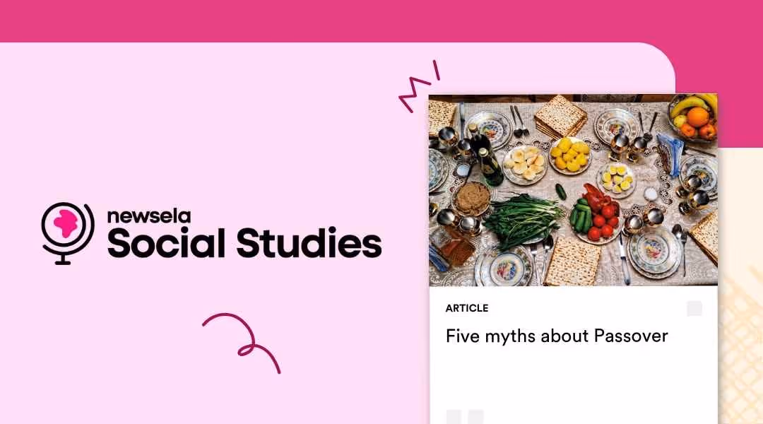 Newsela Social Studies article header titled "Five myths about Passover" featuring a top-down view of a traditional Seder table with matzah, wine, and ritual foods.