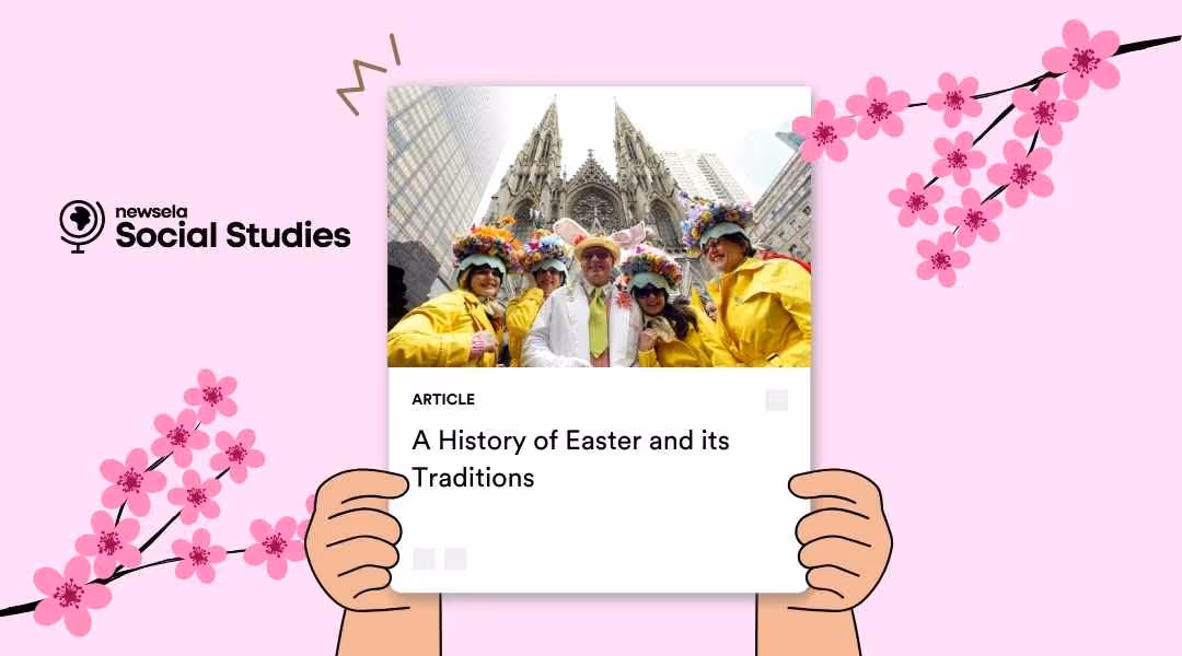 A Newsela Social Studies article titled "A History of Easter and its Traditions" showing a group of people in yellow raincoats and elaborate floral Easter bonnets smiling in front of a large gothic-style cathedral.