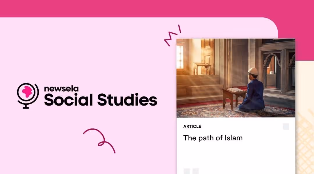 Newsela Social Studies article titled 'The path of Islam' depicting a young person in a blue tunic and kufi cap praying on a patterned rug inside a mosque.
