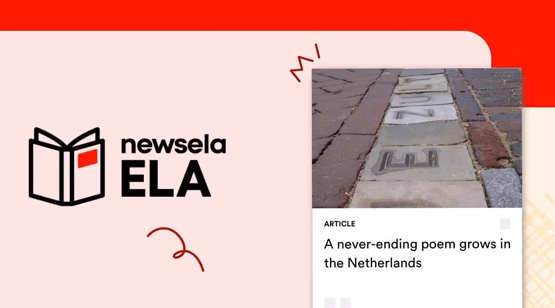 A series of stone blocks embedded in a cobblestone street in the Netherlands, each carved with a letter, featured on a Newsela ELA article titled "A never-ending poem grows in the Netherlands."