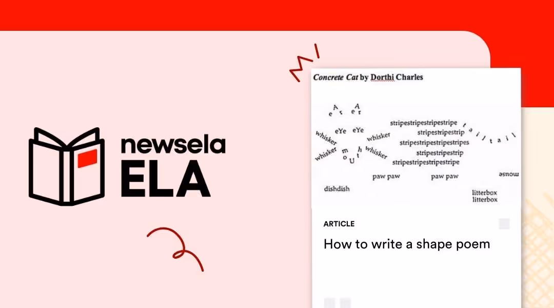 A concrete poem titled "Concrete Cat" by Dorthi Charles where words are arranged to form the physical shape of a cat, featured on a Newsela ELA article titled "How to write a shape poem."