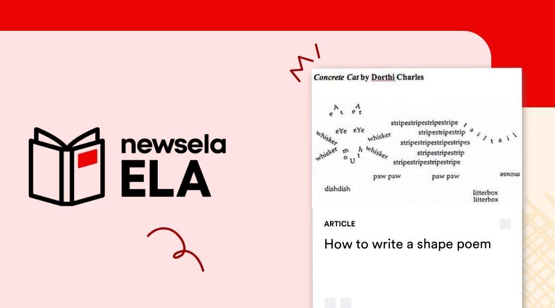 A concrete poem titled "Concrete Cat" by Dorthi Charles where words are arranged to form the physical shape of a cat, featured on a Newsela ELA article titled "How to write a shape poem."