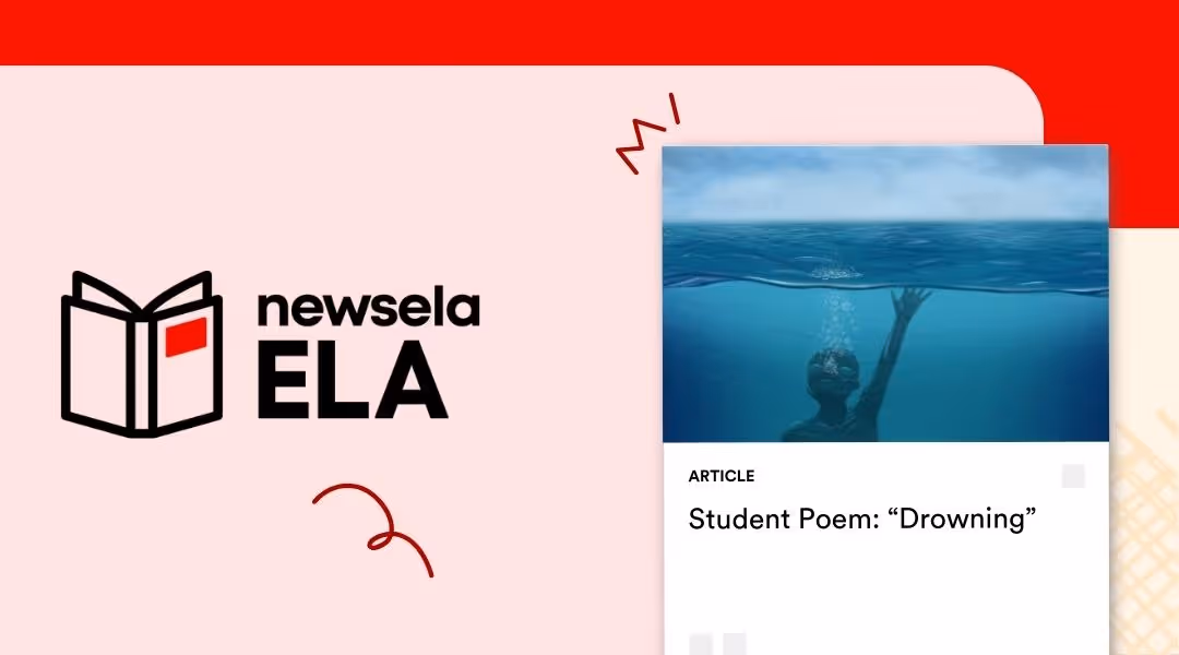Digital illustration of a person submerged underwater reaching a hand toward the surface, featured on a Newsela ELA article titled "Student Poem: 'Drowning'."