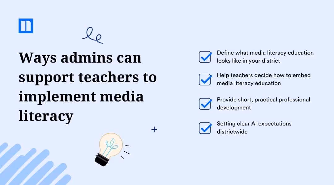 An administrative guide titled "Ways admins can support teachers to implement media literacy." The list includes defining media literacy education, helping teachers embed it into curriculum, providing short professional development, and setting districtwide AI expectations.
