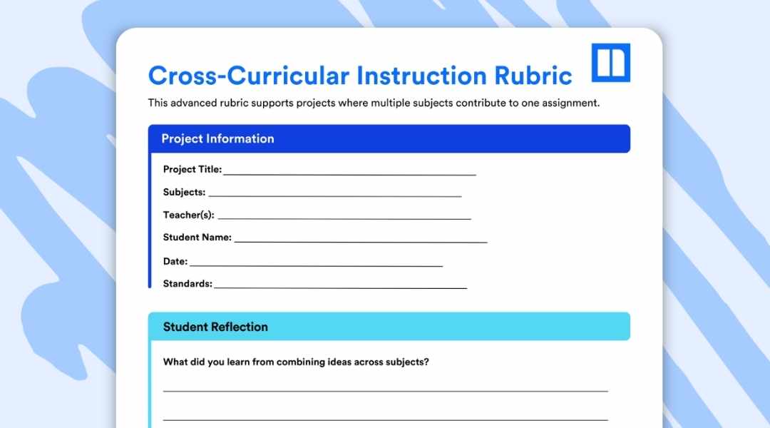A preview of an "Advanced Cross-Curricular Instruction Rubric" document. It includes fields for Project Title, Subjects, Teachers, Student Name, and a "Student Reflection" section asking what they learned from combining ideas.