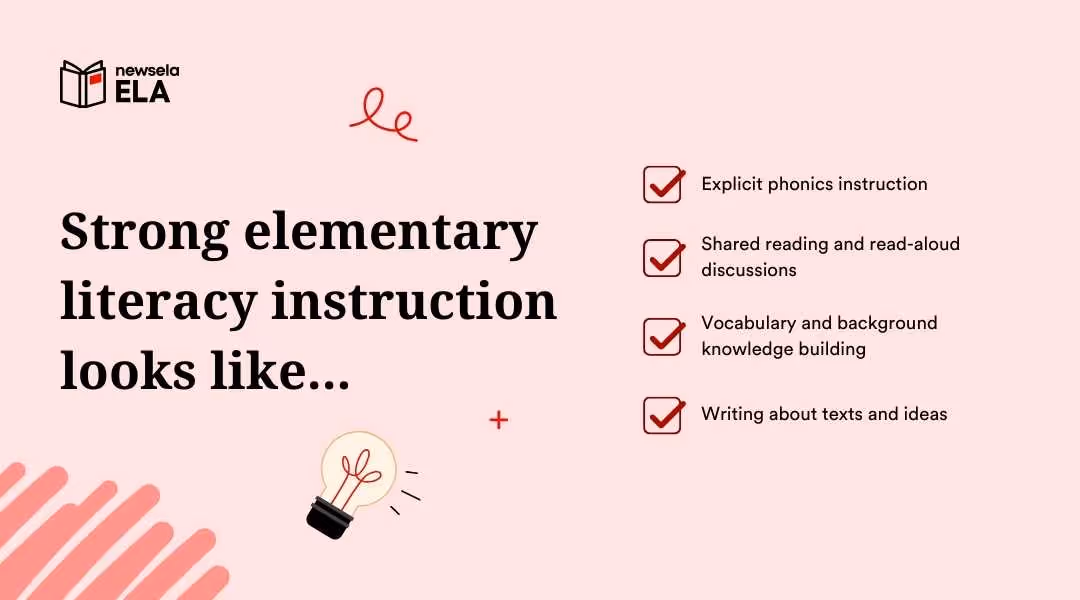 Newsela ELA graphic listing components of strong literacy: explicit phonics, shared reading, vocabulary building, and writing about texts.