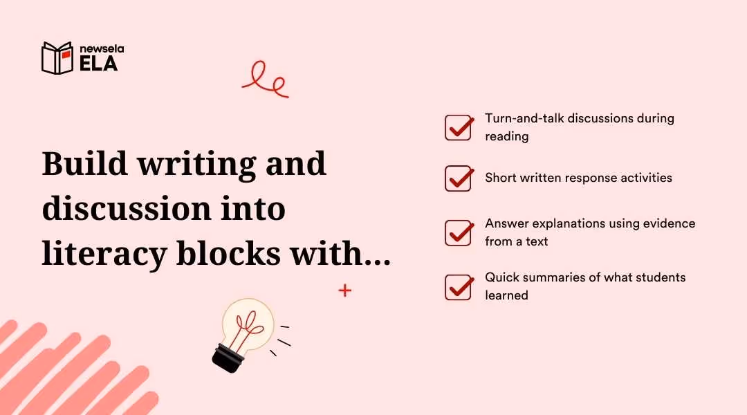 Literacy instruction graphic highlighting turn-and-talk discussions, short written responses, evidence-based answers, and quick summaries.