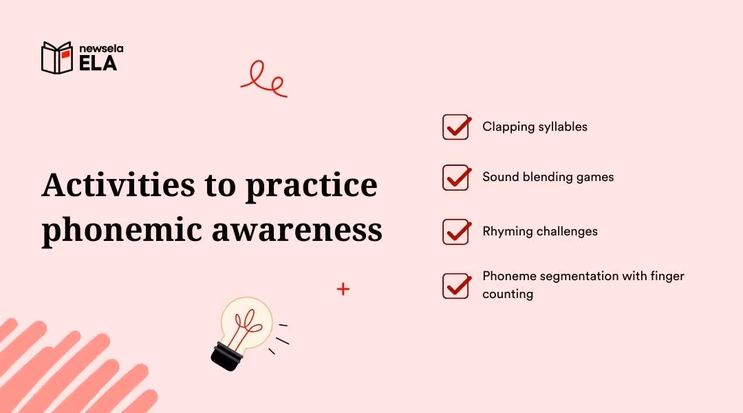List of phonemic awareness activities: clapping syllables, sound blending games, rhyming challenges, and phoneme segmentation with finger counting.