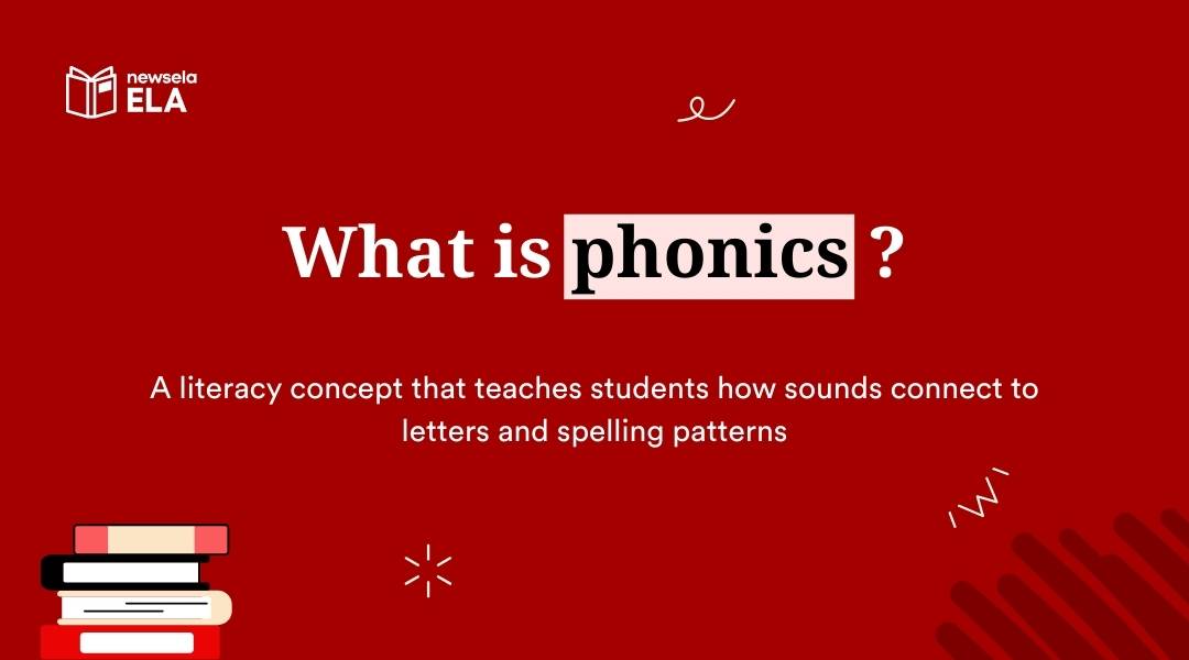 Educational slide defining phonics as a literacy concept teaching how sounds connect to letters and spelling patterns.