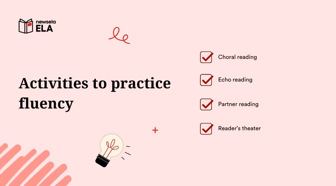 Educational graphic listing fluency practice activities: choral reading, echo reading, partner reading, and reader’s theater.