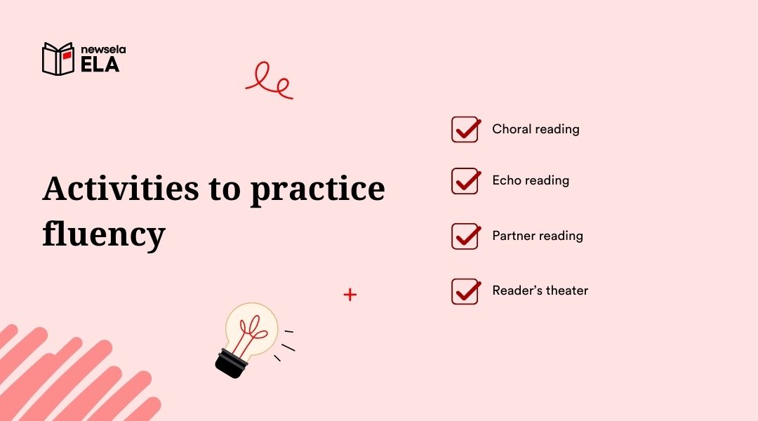 Educational graphic listing fluency practice activities: choral reading, echo reading, partner reading, and reader’s theater.