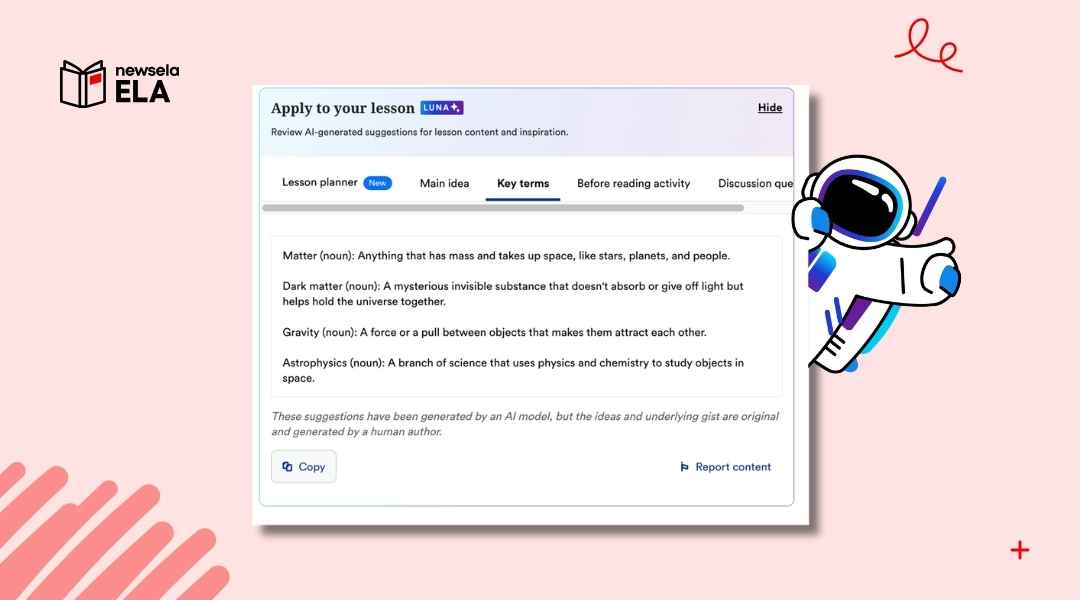 Screenshot of Newsela's Luna AI interface showing definitions for science terms like Matter, Dark Matter, Gravity, and Astrophysics under a "Key terms" tab.