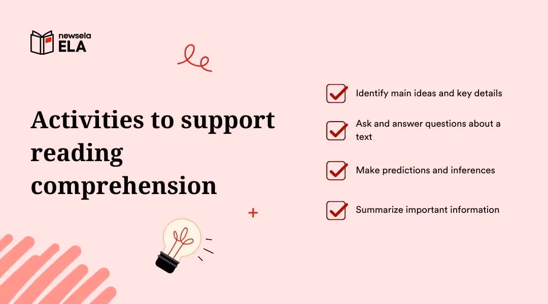 Instructional checklist for reading comprehension: identify main ideas and key details, ask and answer questions, make predictions/inferences, and summarize information.