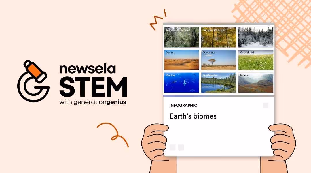A Newsela STEM infographic card titled "Earth’s biomes" featuring a grid of nine photos representing different ecosystems like tropical rainforest, desert, and tundra.