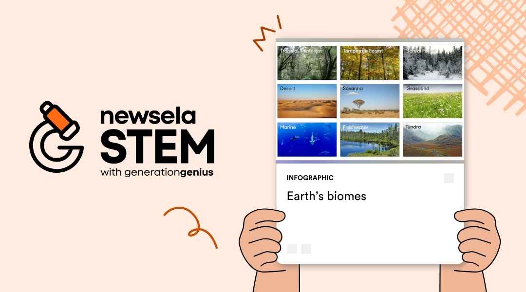 A Newsela STEM infographic card titled "Earth’s biomes" featuring a grid of nine photos representing different ecosystems like tropical rainforest, desert, and tundra.