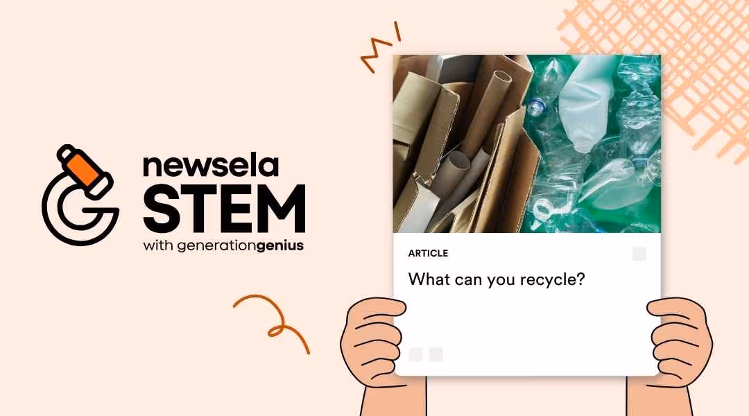 A Newsela STEM article card titled "What can you recycle?" featuring a split photo showing cardboard boxes on one side and green plastic bottles on the other.