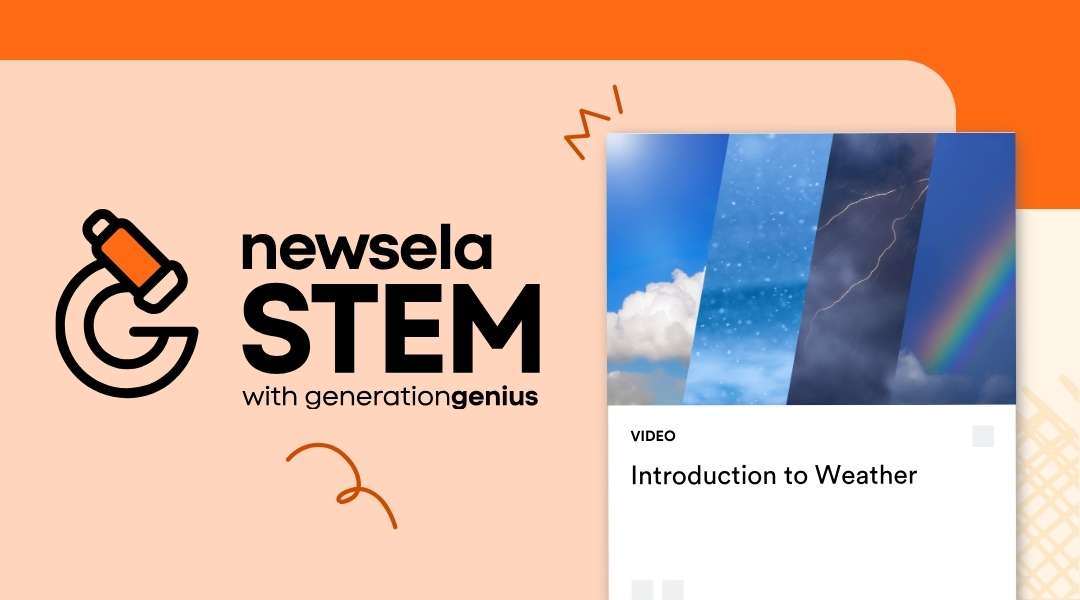 Newsela STEM video thumbnail for "Introduction to Weather" featuring a collage of different weather conditions including a sunny sky, lightning, and a rainbow.