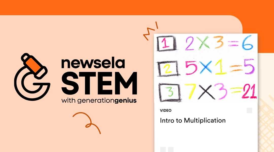 Newsela STEM video thumbnail for "Intro to Multiplication" showing hand-written math equations on a whiteboard, such as 2 times 3 equals 6.