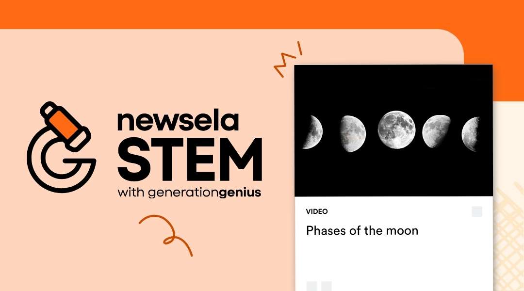 Newsela STEM video thumbnail for "Phases of the moon" displaying a horizontal progression of the moon's phases from crescent to full against a black sky.