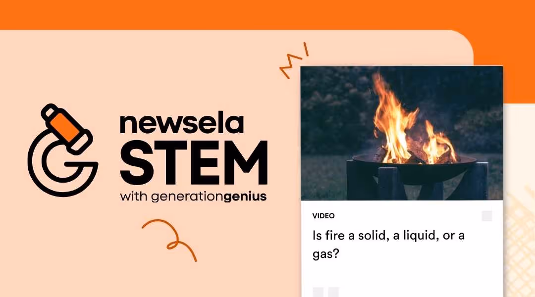 Newsela STEM video thumbnail for "Is fire a solid, a liquid, or a gas?" featuring a close-up photo of a vibrant campfire burning in an outdoor fire pit.