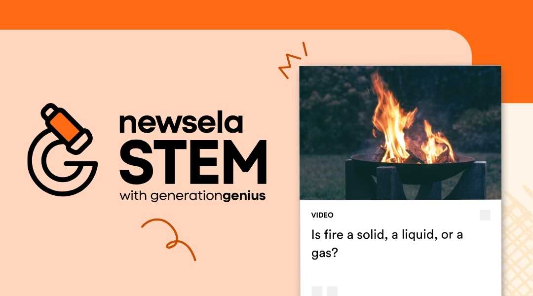 Newsela STEM video thumbnail for "Is fire a solid, a liquid, or a gas?" featuring a close-up photo of a vibrant campfire burning in an outdoor fire pit.