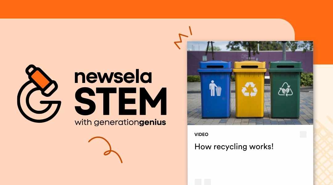 Newsela STEM video thumbnail for "How recycling works!" showing three colorful outdoor recycling bins in blue, yellow, and green with universal recycling symbols.