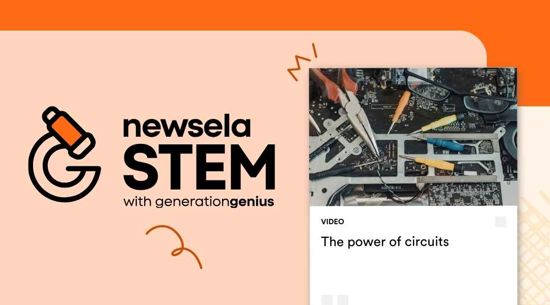 Newsela STEM video thumbnail for "The power of circuits" showing a top-down view of an open electronic device with various wires, tools, and circuit boards.