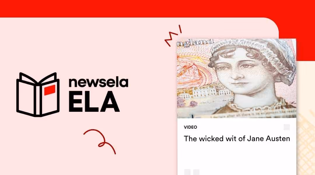 Newsela ELA video thumbnail for "The wicked wit of Jane Austen" featuring an illustration of Jane Austen as she appears on the British ten-pound note.