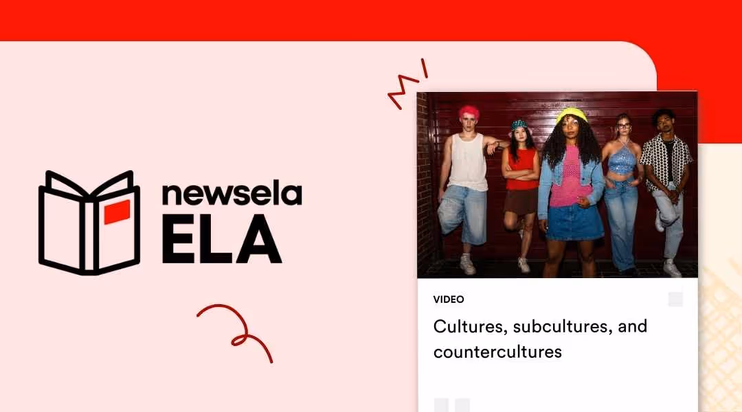Newsela ELA video thumbnail for "Cultures, subcultures, and countercultures" showing a diverse group of teenagers dressed in various fashion styles standing against a red wall.