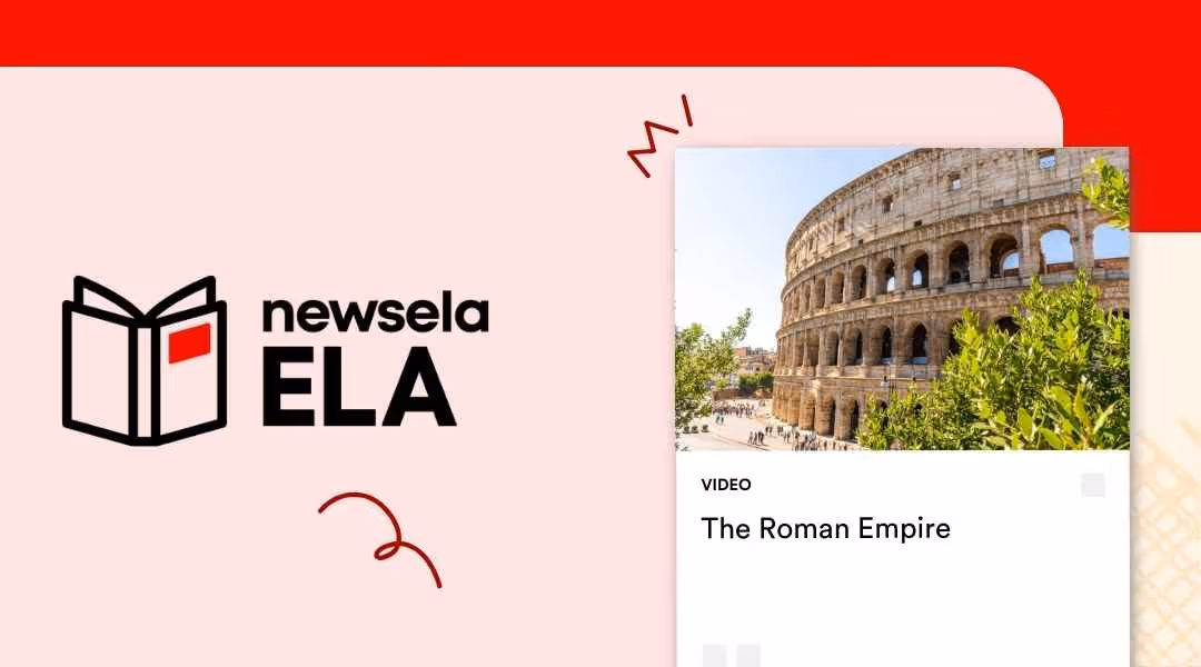 Newsela ELA video thumbnail for "The Roman Empire" featuring a wide-angle photograph of the historic Roman Colosseum under a clear blue sky.