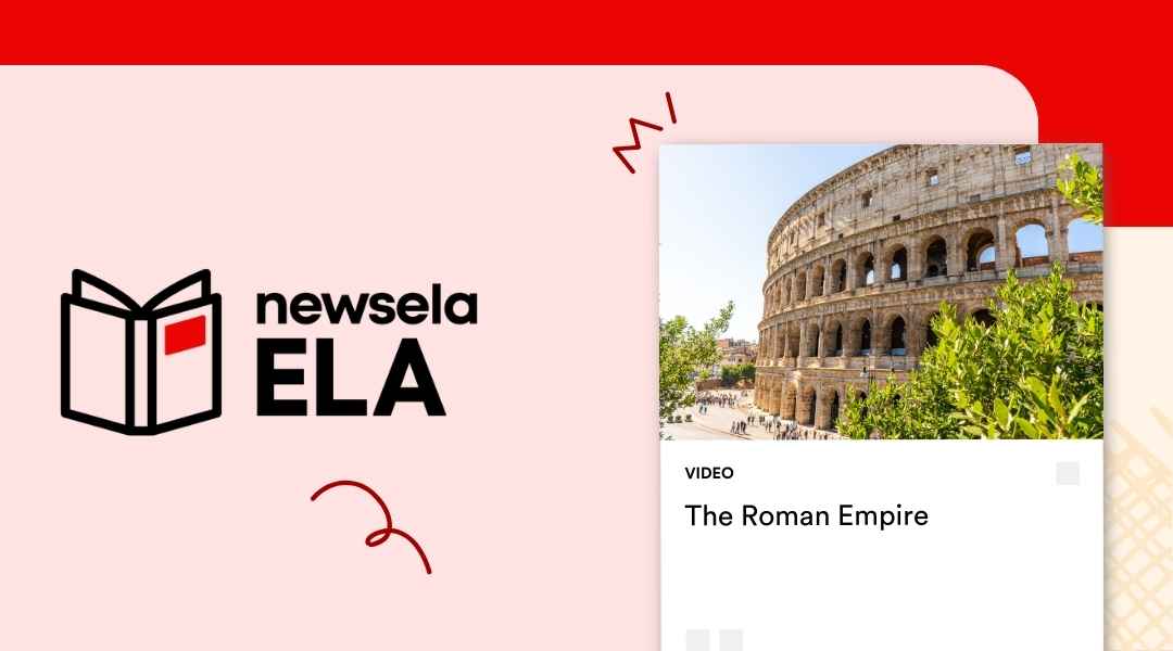 Newsela ELA video thumbnail for "The Roman Empire" featuring a wide-angle photograph of the historic Roman Colosseum under a clear blue sky.