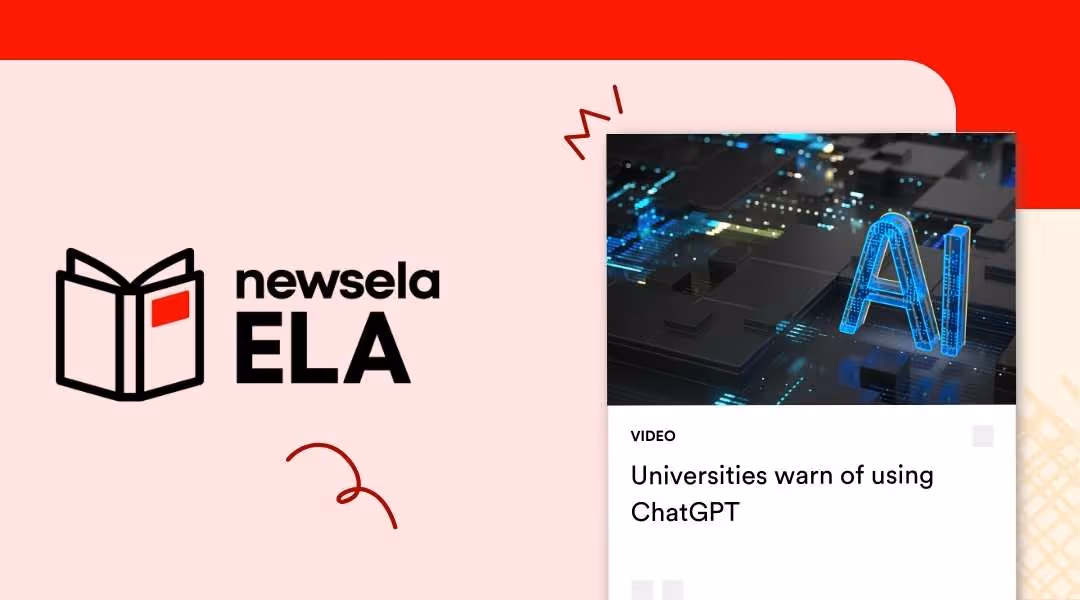Newsela ELA video thumbnail for "Universities warn of using ChatGPT" featuring a futuristic 3D digital "AI" icon glowing on top of a computer circuit board.