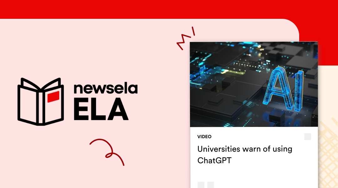 Newsela ELA video thumbnail for "Universities warn of using ChatGPT" featuring a futuristic 3D digital "AI" icon glowing on top of a computer circuit board.