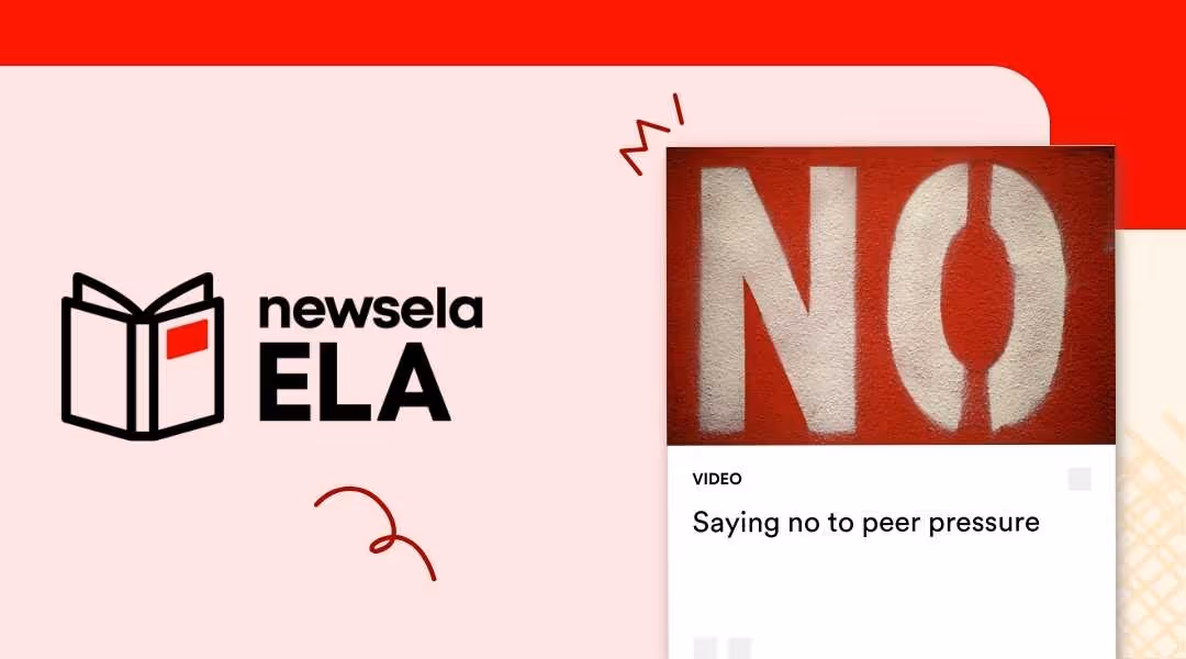 Newsela ELA video thumbnail for "Saying no to peer pressure" featuring the word "NO" stenciled in large, bold white letters on a vibrant red background.