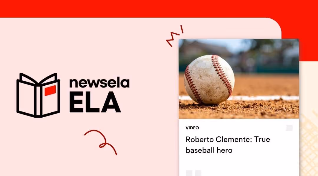 Newsela ELA video thumbnail for "Roberto Clemente: True baseball hero" showing a close-up of a weathered baseball sitting on the dirt of a baseball diamond.