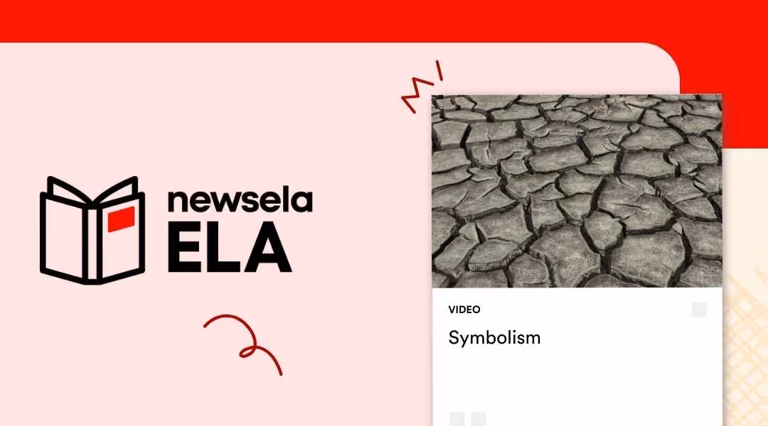Newsela ELA video thumbnail for "Symbolism" featuring a high-contrast photograph of dry, cracked earth representing a drought.