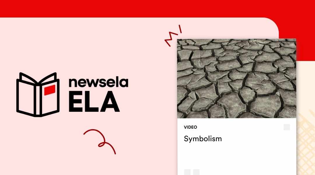 Newsela ELA video thumbnail for "Symbolism" featuring a high-contrast photograph of dry, cracked earth representing a drought.