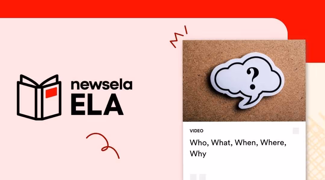 Newsela ELA video thumbnail for "Who, What, When, Where, Why" featuring a paper thought bubble with a black question mark on a textured brown background.