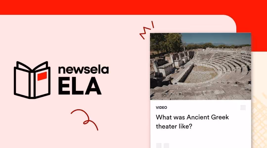 Newsela ELA video thumbnail for "What was Ancient Greek theater like?" featuring a wide-angle photograph of the stone ruins of an ancient semicircular Greek amphitheater.