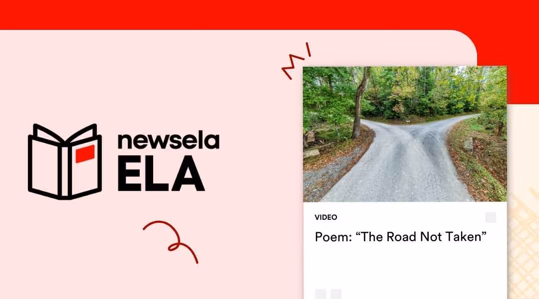 Newsela ELA video thumbnail for Robert Frost’s poem "The Road Not Taken," featuring a photograph of a fork in a gravel road winding through a lush green forest.